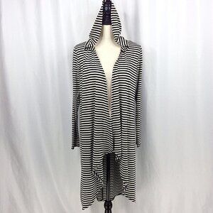 Janet Chung Hooded Duster Cardigan Sweater Womens Size Medium Striped Hi Low